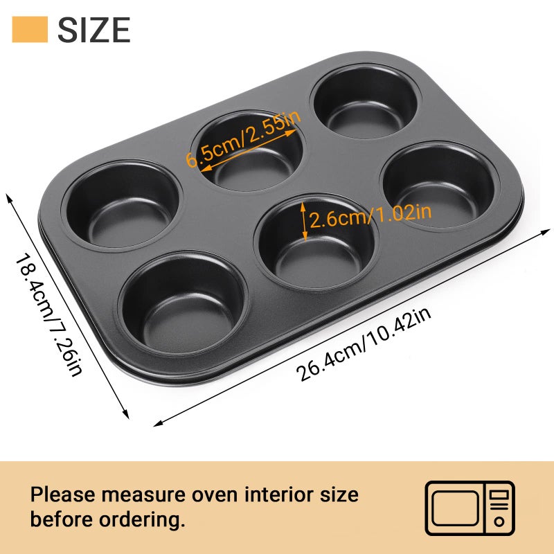 Beasea Muffin Pan 6 Cup, Set of 2 Non Stick Muffin Baking Pan, Carbon Steel Muffin Pan Bakeware Set Cupcake Baking Pan for Oven Baking - Image 2